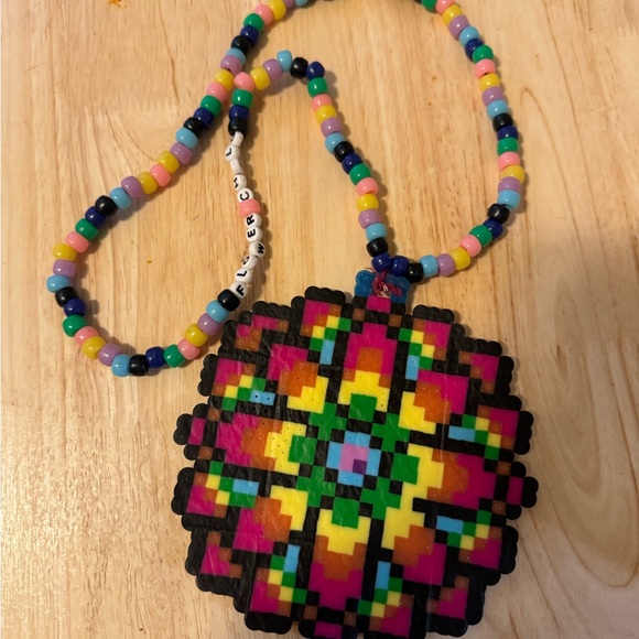 Colorful Beaded Necklace with Pixel Art Pendant (Made for edc) - Picture 6 of 6